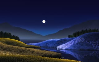 Картинка ночь, пейзаж, окна 11, сюрреалистичный, красочный, луна, озеро