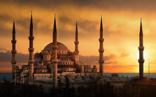 Картинка голубая мечеть, мечеть султана ахмеда, 5к, 8k, закат, Стамбул, Турция, древняя архитектура