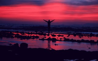 Картинка настроение, закат, красное небо, 5к, силуэт, сумерки, Марокко, пляж