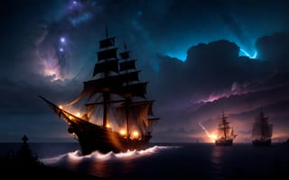 Картинка корабль, ночь, облака, звездное небо, Млечный Путь, ай искусство, буря