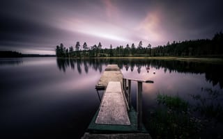 Картинка сумерки, закат, 5к, озеро, вечер, деревянный пирс, длительное воздействие, Швеция