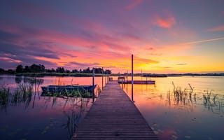 Картинка закат, Швеция, сумерки, пирс, спокойствие, деревянный причал, озеро, 5к