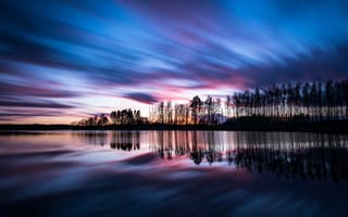 Картинка открытый, закат, отражение, Солнечный лучик, водное пространство, деревья, 5к, северный, длительное воздействие, Швеция