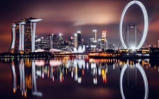 Картинка Марина Бэй, Сингапур, ночной город, линия горизонта, огни города, городской пейзаж, 5к, отражение