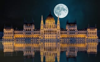 Картинка здание венгерского парламента, Будапешт, 5к, ориентир, Венгрия, древняя архитектура, луна, 8k