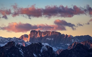 Картинка доломитовые горы, закат, горный хребет, 5к, доломиты