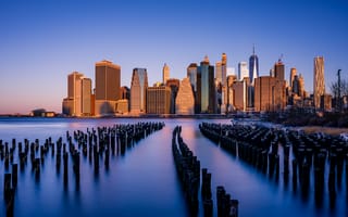 Картинка Нью-Йорк, Бруклин, 5к, городской пейзаж, Манхэттен, небоскребы, восход, городской, утро