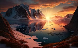Картинка закат, Арктический, отражение, озеро, живописный, ай искусство, горы, пейзаж, 8k, 5к