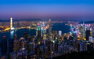 Картинка Виктория Харбор, Горизонт города Гонконга, 5к, огни города, сумерки, закат, синий час