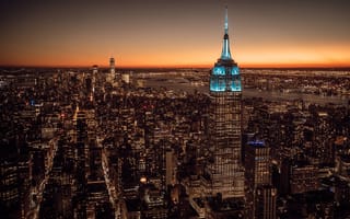 Картинка Нью-Йорк, Эмпайр Стейт Билдинг, 5к, городской пейзаж, огни города, закат