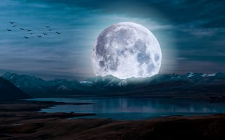 Картинка луна, эстетический, ночной пейзаж, пейзаж, озеро, 5к, ночь