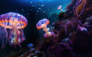 Картинка медузы, коралловый риф, ай искусство, сюрреалистичный, под водой, океан