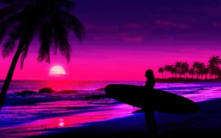 Картинка тропический пляж, ай искусство, розовая эстетика, девочка, закат