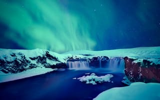 Картинка заснеженный, водопад Годафосс, Исландия, зима, полярное сияние, ночь