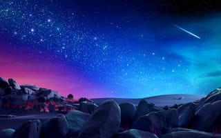 Картинка ночное небо, красочный, пустыня, сюрреалистичный, магия, Млечный Путь, горные породы, звезды, голубая эстетика