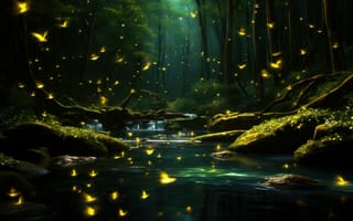 Картинка светлячки, лес, мистика, 5к, 8k, река, ночь, эстетический