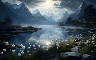 Картинка альпийское озеро, лунный свет, долина, 5к, безмятежный, ай искусство, пейзаж, сюрреалистичный, мирный, 8k