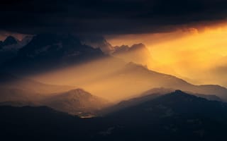 Картинка Солнечный лучик, Баварские Альпы, 5к, Германия, облачно, пейзаж