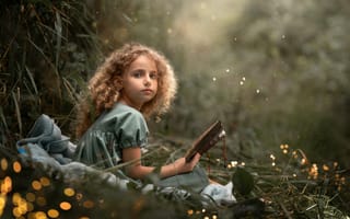 Картинка милашка, читая книгу, портрет, 5 тыс., волшебный лес