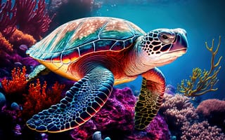 Картинка морская черепаха, ИИ искусство, под водой, красочный, яркий, коралловый риф