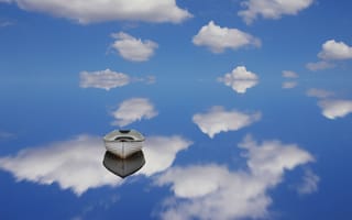 Картинка голубое небо, отражение, белые облака, лодка, эстетический, безмятежный