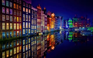 Картинка Амстердам, ночь, здания, ночные огни, красочный, отражение, ночной город, 5 тыс., эстетический