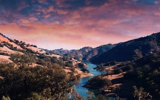 Картинка закат, долина, эстетический, деревья, река, 5 тыс., горы