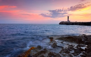 Картинка Колония Сант-Джоди, закат, Испания, остров Майорка, скалистый берег, океан, маяк