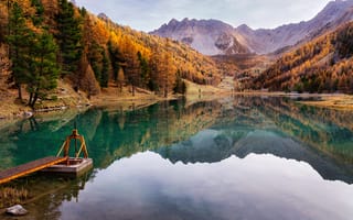 Картинка Озеро Орсейретт, Франция, осень, пейзаж, 5 тыс., падать, открытый, деревянный пирс, 8к