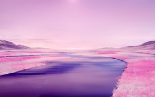 Картинка розовая эстетика, река, розовое небо, пейзаж, сюрреалистический