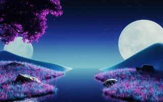 Картинка фиолетовая эстетика, пейзаж, река, сюрреализм, лаванда, ночной пейзаж, лунный свет, синяя эстетика