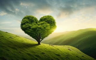 Картинка люблю сердце, зеленое дерево, пейзаж, ИИ искусство, 5 тыс., сюрреалистический, романтический, холм, эстетический
