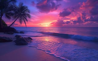 Картинка тропический пляж, эстетический, 5 тыс., спокойствие, закат, пальмовые деревья, фиолетовое небо