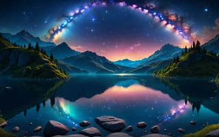 Картинка зеркальное озеро, сказочный, ИИ искусство, радуга, сюрреалистический