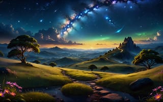 Картинка звездное небо, пейзаж, ИИ искусство, сказочный, рассвет, сюрреалистический