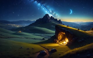 Картинка пещера, ночь, звездное небо, пейзаж