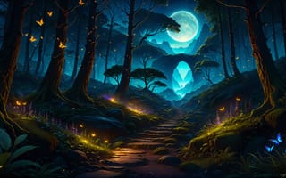 Картинка волшебный лес, ночь, луна, бабочки, ИИ искусство, путь, светящийся, камни, высокие деревья