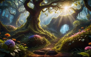 Картинка мистический лес, путь, сюрреализм, Солнечный лучик, ИИ искусство