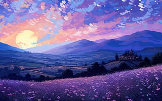 Картинка Тоскана, пиксель арт, пиксель, Италия, закат, пейзаж, Ретро стиль, лавандовые поля