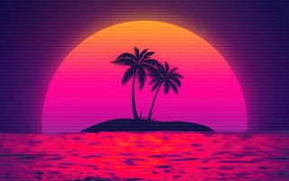 Картинка паровая волна, закат, розовая эстетика, пальмовые деревья, 5 тыс., остров