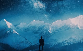 Картинка Млечный Путь, горы, ночное небо, 5 тыс., силуэт человека, зима, звезды на небе