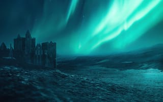 Картинка замок, Северное сияние, ночное небо, небо полярного сияния, творческий, 5 тыс., океан