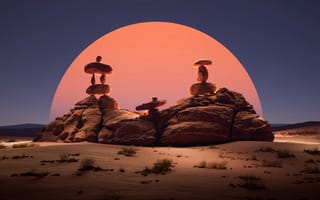 Картинка балансирующие камни, закат, эстетический, 5 тыс., пустыня, цифровое искусство