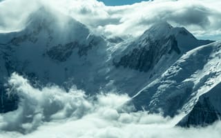 Картинка облачно, горы, горный хребет, 5к, облачное небо, заснеженные горы, горный пейзаж