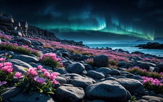 Картинка каменистый пляж, полярное сияние на небе, пейзаж, умиротворенность, северное сияние, величественный, 5к