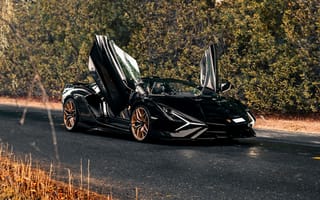 Картинка lamborghini sián родстер, черные машины, гибридный спортивный автомобиль, 5к, асфальт