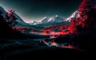 Картинка драматический, пейзаж, красная эстетика, деревья, река, горы, ночь, лес, звездное небо, туман