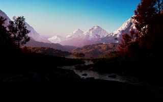 Картинка горный хребет, пейзаж, деревья, величественный, мирный, на открытом воздухе, умиротворенность, живописный, лес, осенняя листва, озеро, заснеженные горы