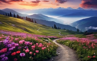 Картинка горный пейзаж, луг, полевые цветы, туманные горы, 5к, тропа, мирный, холмистые местности, ИИ-искусство, на открытом воздухе, долина, живописный, яркий, закат