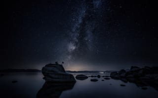 Картинка Млечный Путь, ночь, ночной пейзаж, галактика, размышления, звездное небо, астро, Невада, ночное небо, озеро тахо, темное небо, скальные образования, космос, длительная выдержка, 5к